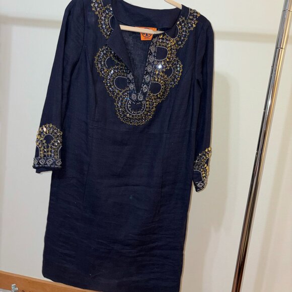 Navy Tory Burch Linen Mini Bedazzled Dress - Picture 2 of 4
